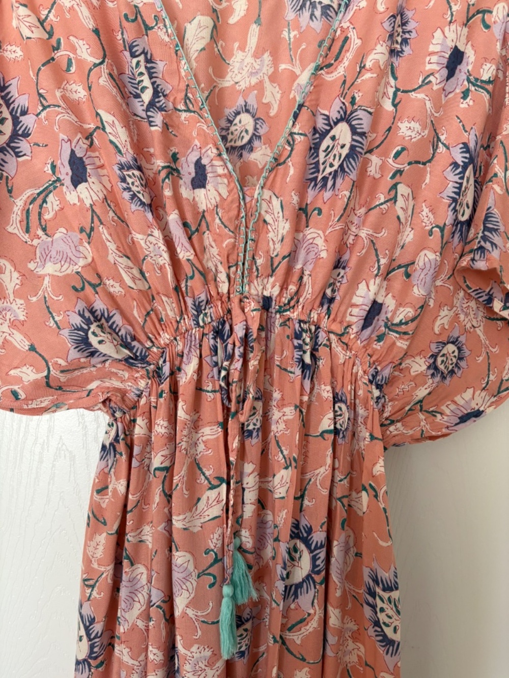 Kaftan Maxi Dress in Warm Pink and Turquoise Boho Summer Floral, Sz S/M
